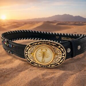 Genuine Steel Lace Black Leather Real Scorpion Buckle Belt 32 Woven Southwestern
